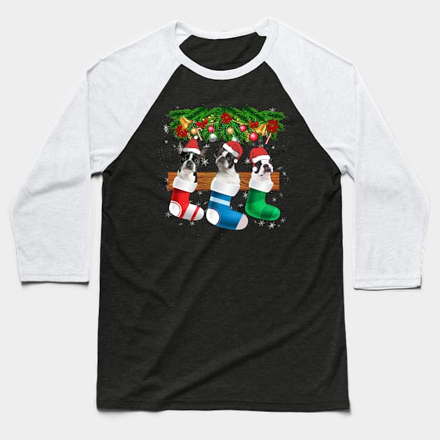 Three Boston Terrier In Sock Christmas Santa Hat X mas Dog Baseball T-Shirt by franzaled